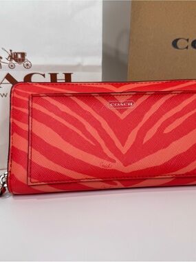 Coach OrangeZebra-Print Continental Wallet with Signature Plaque